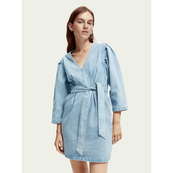 SCOTCH & SODA V-Neck Blue Denim Belted 3/4 Sleeve Mini Dress, Medium - Picture 1 of 10